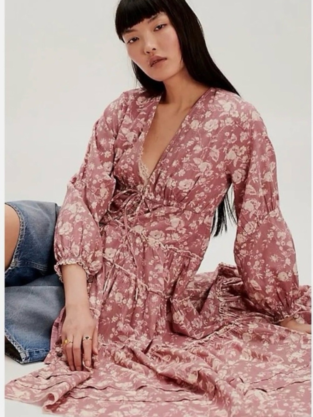 Free People Blush Rose Floral Tie-Front Maxi Dress